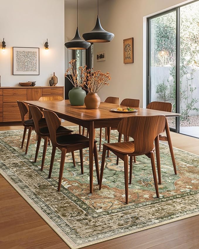 RELEANY Area Rugs 8'x10' Washable Non-Slip, Floral Vintage Distress Print Pattern Medallion Carpet for Living Room Bedroom Dining Room, Brick Red Rust Neutral Brown Burnt Orange Green