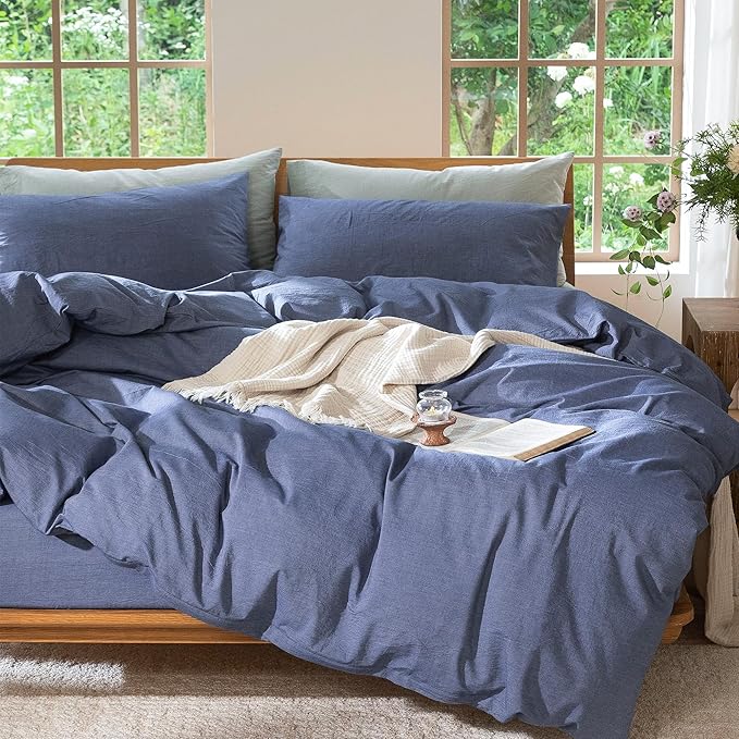 MooMee Bedding Duvet Cover Set 100% Washed Cotton Linen Like Textured Breathable Durable Soft Comfy (Heathered Blue, Twin 68"x90")