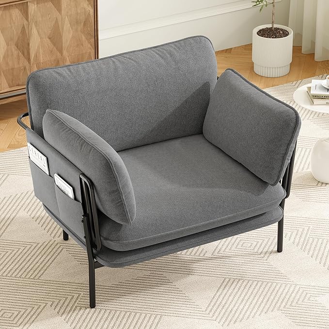 AYEASY Accent Chair, Oversized Living Room Chairs, Modern Armchair with Side Storage Pockets, Cozy Reading Chair with 2 Soft Pillow, Comfy Fabric Single Sofa Chair for Nursery, Bedroom, Blue Gray