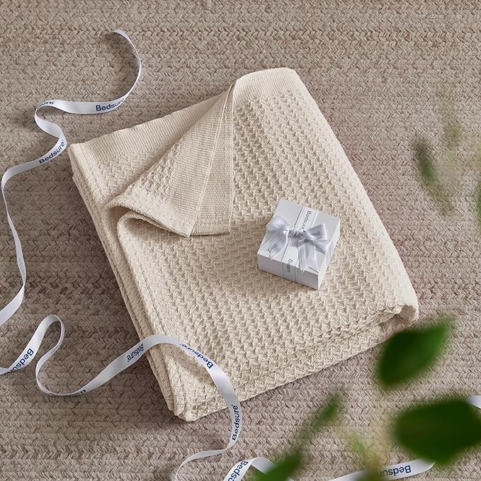 Bedsure Gentlesoft 100% Cotton Blanket Twin XL Size for College Dorm - Breathable and Soft, Waffle Weave Twin Blanket for Summer, Dorm Room Essentials, Light Beige, 66x90 inches