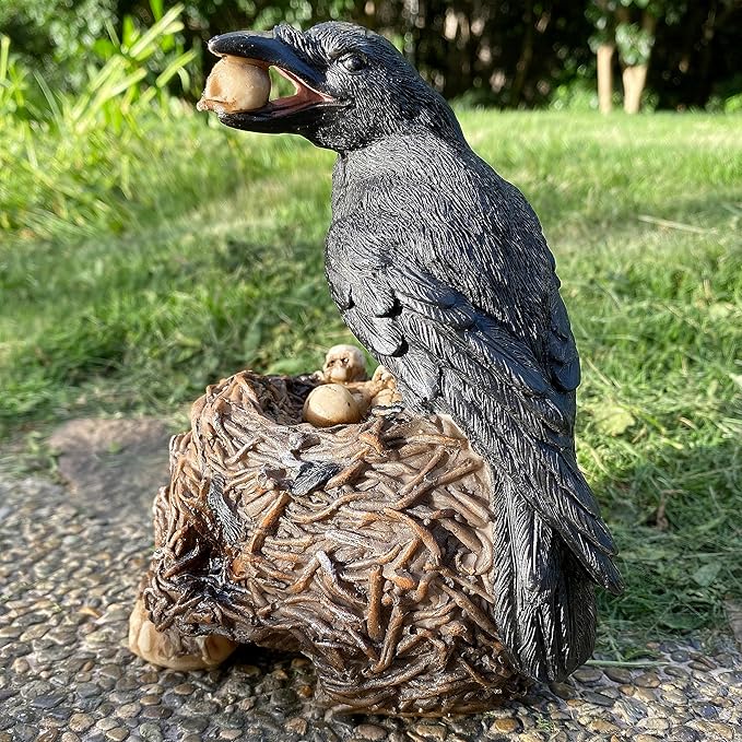 Halloween Decorative Black Crow On Withered Vine Skull Nest Teeming with Mini Skulls Statue Home Décor Gothic Raven Perching On Skeleton Figurine, Collectible Macabre Ossuary Sculpture