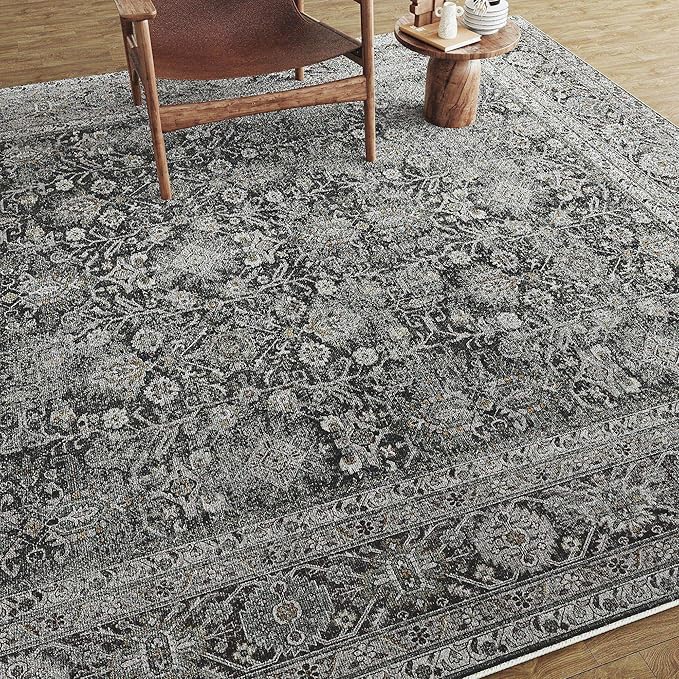 PureCozy Black Runner Rug 2'6"x12' Vintage Area Carpet Hallway Long Indoor Kitchen Washable Living Room Low Pile Traditional Distressed Retro Accent Rug Non Slip Laundry Bathroom Office Dining Room
