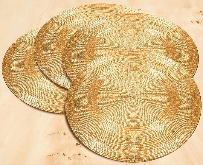 Farmhouse Beaded Placemats – Set of 4, 13" Round Handmade Charger Placemats, Black & Gold Multi, Hand-Beaded by Skilled Artisans, Elegant Table Décor