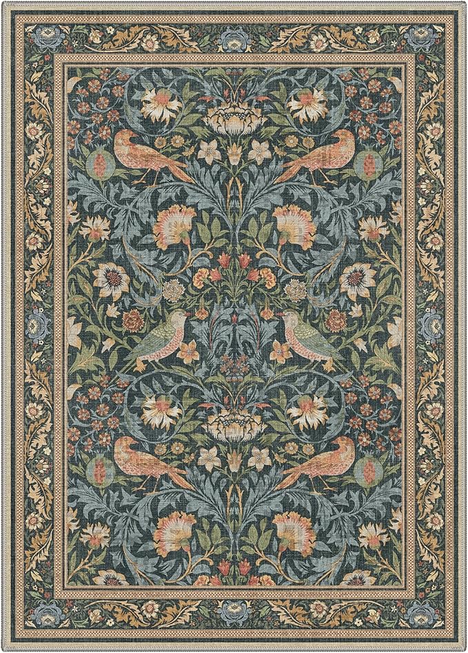Bavni Boho Floral Area Rugs 5x7, Botanical Vintage Bird Living Room Rug, Washable Rug Stain Resistant Non Slip, Low Pile Thin Soft Blue Green Throw Accent Carpet for Bedroom, Dining Room, Home Office