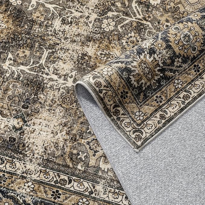 PureCozy Brown Runner Rug 2x12 Vintage Area Carpet Hallway Long Indoor Kitchen Washable Living Room Low Pile Traditional Distressed Retro Accent Throw Rug Non Slip Laundry Bathroom Office Dining Room