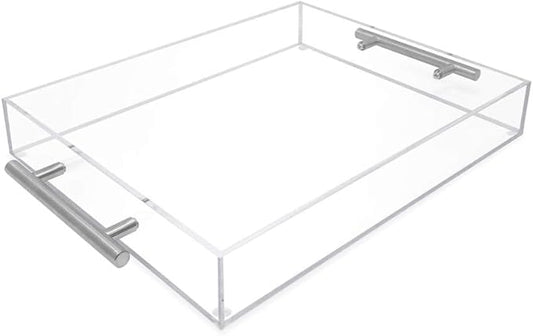 Isaac Jacobs Clear Acrylic Serving Tray (11x14) with Silver Metal Handles, Spill-Proof, Stackable Organizer, Food & Drinks Server, Indoors/Outdoors, Lucite Storage (11x14, Clear with Silver Handle)