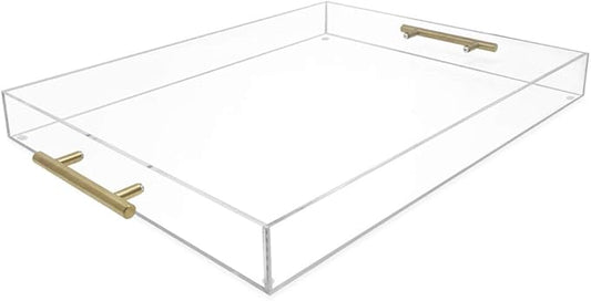 Isaac Jacobs Clear Acrylic Serving Tray (16x20) with Gold Metal Handles, Spill-Proof, Stackable Organizer, Food & Drinks Server, Indoors/Outdoors, Lucite Storage Décor (16x20, Clear with Gold Handle)
