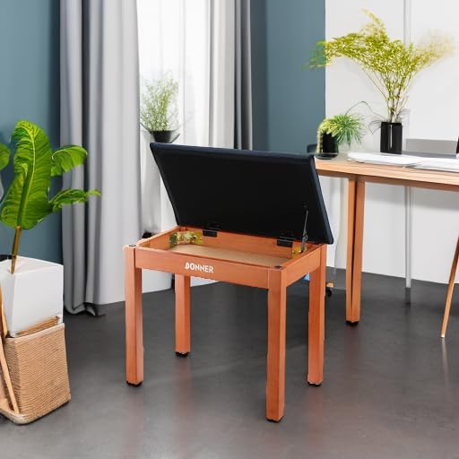 Donner Piano Bench with Storage, Solid Wood Keyboard Bench Piano Bookcase Stool Chair Seat with High-Density Suede Cushion, Wood Finish Color
