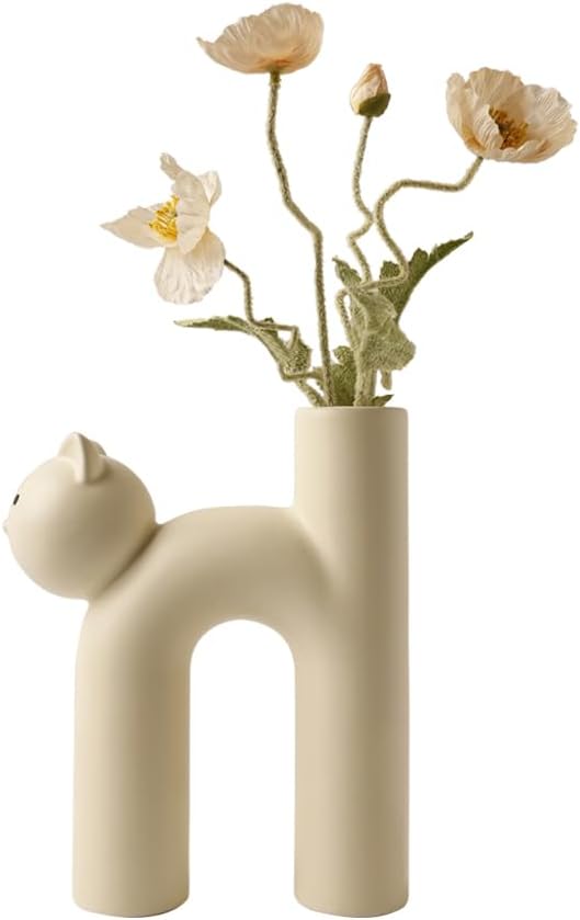 Minimalist Cat-Shaped Ceramic - Unique Animal Flower Vase for Home Decor, Modern Matte Finish Decorative Vase for Living Room, Bedroom, Office, Shelf, Table Centerpiece