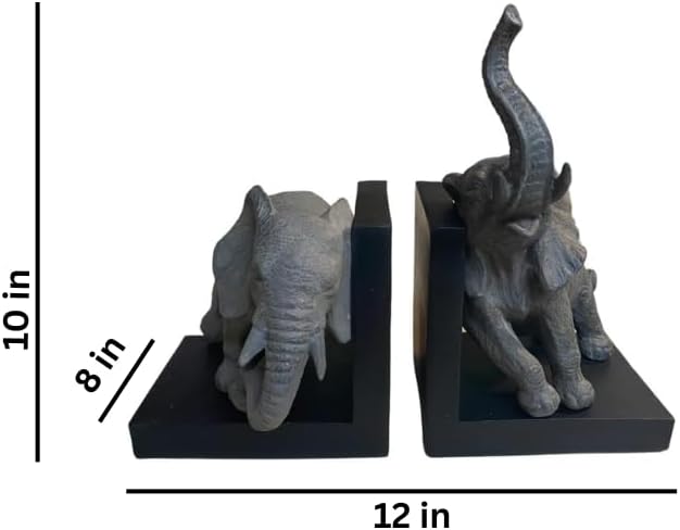Comfy Hour 12" Large Elephant Decorative Bookends, Unique Heavy Duty Animal Book Ends for Shelves, Vintage Polyresin Book Stopper for Heavy Books, Gray & Black, 1 Pair