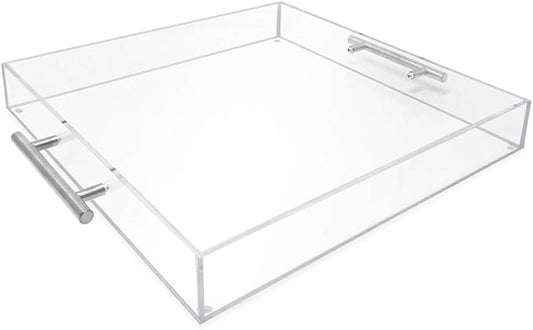 Isaac Jacobs Clear Acrylic Serving Tray (15x15) with Silver Metal Handles, Spill-Proof, Stackable Organizer, Food & Drinks Server, Indoors/Outdoors, Lucite Storage (15x15, Clear with Silver Handle)