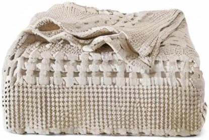 PHF 100% Cotton Waffle Weave Blanket Queen Size for Bed, Soft Lightweight & Breathable, All-Season Comfort, 300 GSM Luxury Aesthetic Blanket for Home Decor, 90"x90", Oatmeal