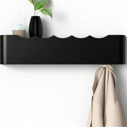 Wall Coat Rack Floating Shelves Modern Coat Rack Wall Mount with Storage Entryway Shelf Wooden Hanger 20 Inch 4 Hidden Metal Hooks for Living Room Bedroom (Wavy Black, 5 Hooks)