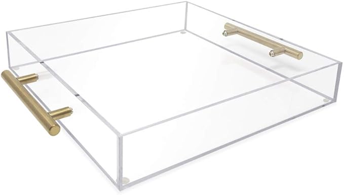 Isaac Jacobs Clear Acrylic Serving Tray (12x12) with Gold Metal Handles, Spill-Proof, Stackable Organizer, Food & Drinks Server, Indoors/Outdoors, Lucite Storage Décor (12x12, Clear with Gold Handle)