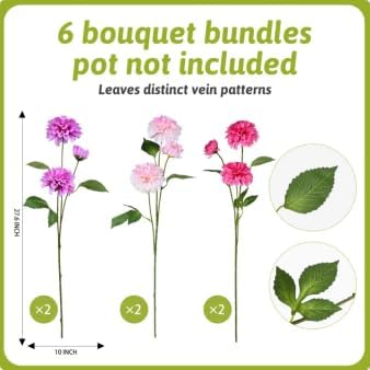 6Pcs Fake Artificial Pompon Mums Flowers Indoor with Long Stems Ball Chrysanthemum Faux Silk Flowers for Vase Floral Arrangement for Spring Home Decor Centerpieces for Table Kitchen Decoration