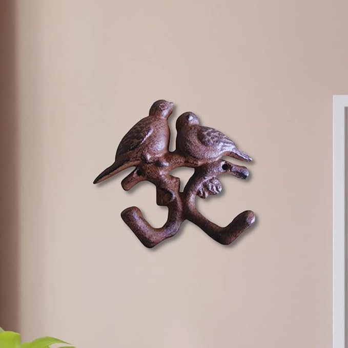 Comfy Hour Antique and Vintage Animal Collection Cast Iron Double Birds Two Key Coat Hooks Wall Hanger Clothes Rail Set, Heavy Duty, Rustic Recycled