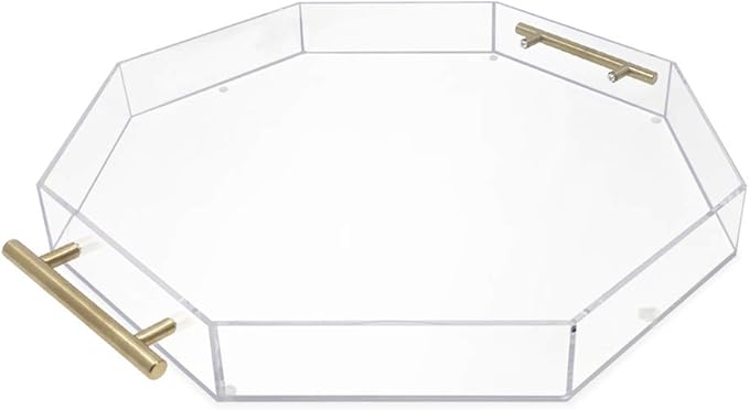 Isaac Jacobs Clear Octagon Acrylic Serving Tray (18x18) with Gold Metal Handles, Spill-Proof, Stackable Organizer, Food & Drinks Server, Lucite Storage (18x18 Octagon, Clear with Gold Handle)