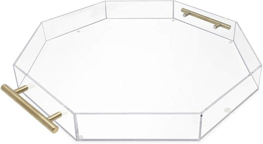 Isaac Jacobs Clear Octagon Acrylic Serving Tray (18x18) with Gold Metal Handles, Spill-Proof, Stackable Organizer, Food & Drinks Server, Lucite Storage (18x18 Octagon, Clear with Gold Handle)
