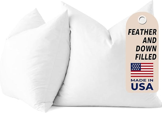 COZY ONE 24x24 Feather and Down Pillow Inserts Set of 2 - Fluffy and Big Décor Pillow with Premium Cotton Cover for Large Sofas, Sectionals, Beds, or Floor Seating (24x24 inch, White, Set of 2)
