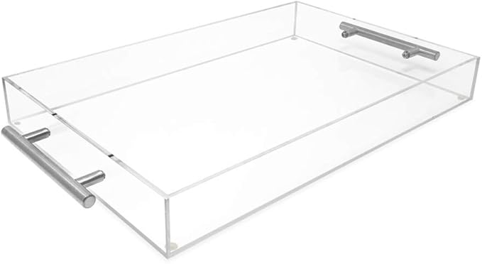 Isaac Jacobs Clear Acrylic Serving Tray (11x17) with Silver Metal Handles, Spill-Proof, Stackable Organizer, Food & Drinks Server, Indoors/Outdoors, Lucite Storage (11x17, Clear with Silver Handle)
