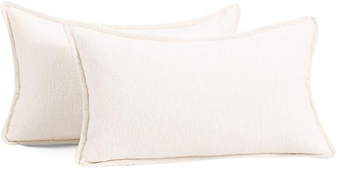 DEZENE Pack of 2 Cream White Decorative Throw Pillow Covers 12x20 Cozy Soft Chenille Accent Vintage Rectangular Lumbar Couch Pillow Covers for Home Decor Bed Sofa Living Room