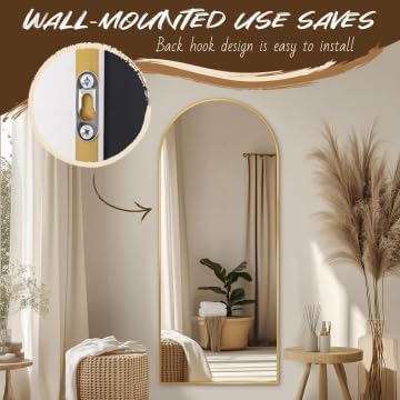 Antok Full Length Mirror, 58"x21" Arched Floor Mirror, Mirror Full Length with Stand, Wall Mounted Mirrors for Living Room Bedroom,Gold