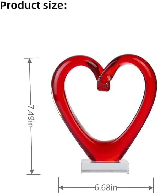 Yao Yuan 7.49'' Tall Hand Blown Art Glass Red Heart Sculpture, Glass Heart Figurines Party Home Decoration,Art Sculpture Collection for Valentine's Day Gift (Red)