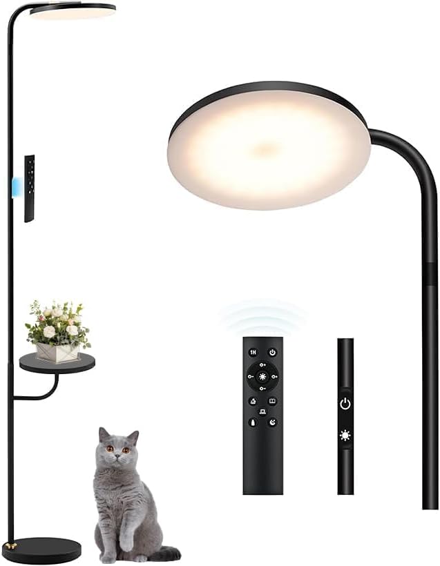 Floor Lamp with Table & Shelves,LED Stepless Dimmable Torchiere with Remote & Touch Control, 350° Rotating Head Reading Floor Lamp for Living Room, Bedroom, Office