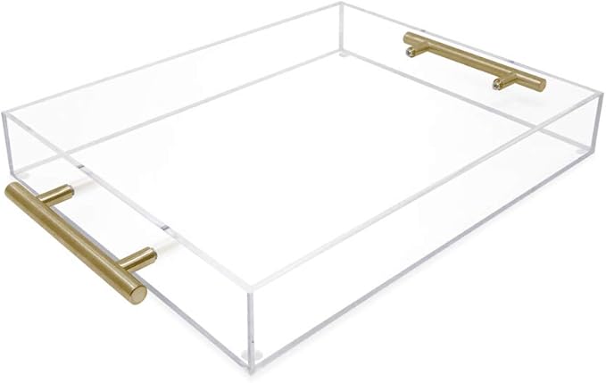 Isaac Jacobs Clear Acrylic Serving Tray (11x14) with Gold Metal Handles, Spill-Proof, Stackable Organizer, Food & Drinks Server, Indoors/Outdoors, Lucite Storage Décor (11x14, Clear with Gold Handle)