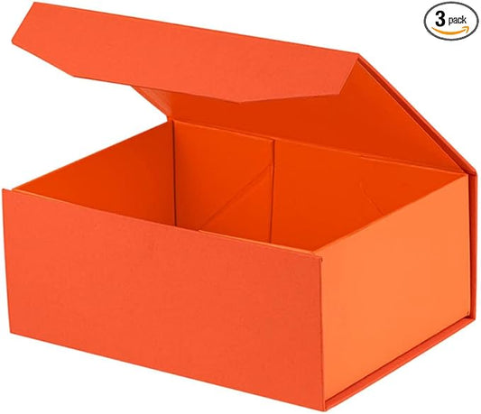 Upgrade 3PCS Orange Collapsible Storage Boxes, Sturdy Rectangle Gift Packaging Boxes with Lid, Foldable Magnetic Closure, Bridesmaid Proposal Box, 9.5x7x4 Inches