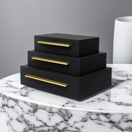 Faux Shagreen Decorative Storage Boxes – Set of 3 Stackable Jewelry Organizers with Gold Metal Handles & Velvet Lining, Modern Black Box for Vanity, Entryway & Coffee Table Décor