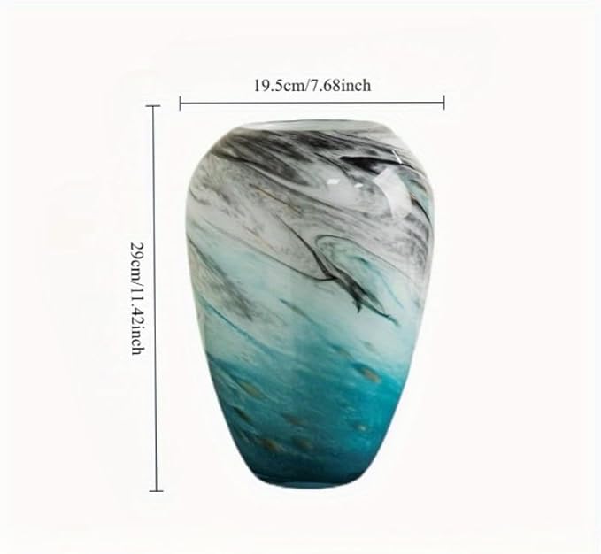 11" H Teal Glass Vases for Flowers, Unique Hand Blown Glass Vase Blue Home Decor, Wide Mouth Colorful Flower Vase Centerpieces, for Living Room Table Bookshelf, Bathroom Office Shelf Decorative