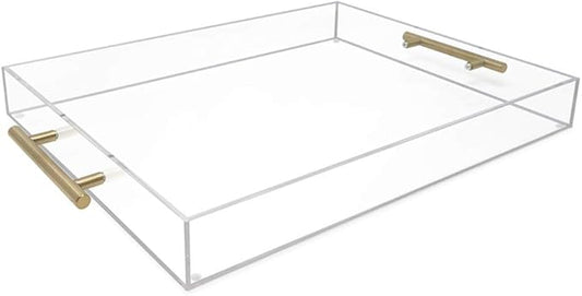 Isaac Jacobs Clear Acrylic Serving Tray (14x18) with Gold Metal Handles, Spill-Proof, Stackable Organizer, Food & Drinks Server, Indoors/Outdoors, Lucite Storage Décor (14x18, Clear with Gold Handle)