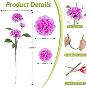 6Pcs Fake Artificial Pompon Mums Flowers Indoor with Long Stems Ball Chrysanthemum Faux Silk Flowers for Vase Floral Arrangement for Spring Home Decor Centerpieces for Table Kitchen Decoration