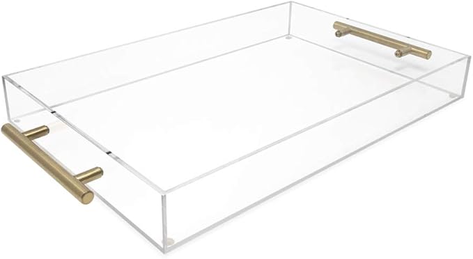 Isaac Jacobs Clear Acrylic Serving Tray (11x17) with Gold Metal Handles, Spill-Proof, Stackable Organizer, Food & Drinks Server, Indoors/Outdoors, Lucite Storage Décor (11x17, Clear with Gold Handle)