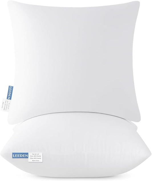Leeden 18x18 Pillow Inserts Pack of 2, 18 Inch Throw Pillow Inserts, Soft Fluffy Decorative Square Throw Pillows for Couch, Sofa, Bed, and Home Decor White Pillows