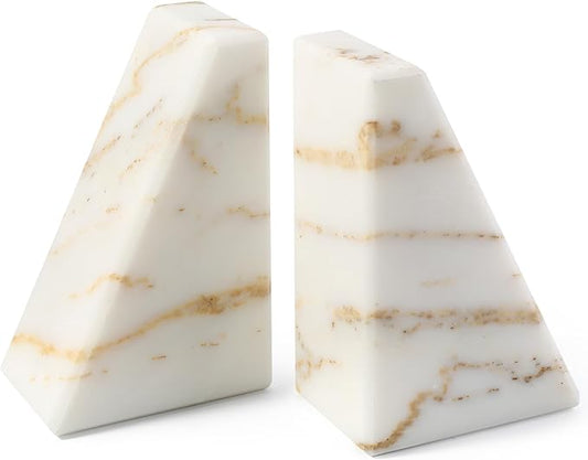 Marble Bookends for Heavy Books, Calacatta Decorative Book Ends for Shelves, Unique and Heavy Bookends for Hardback Book & Cookbooks, Stone Book Stopper, Modern Book Holder,Set of 2