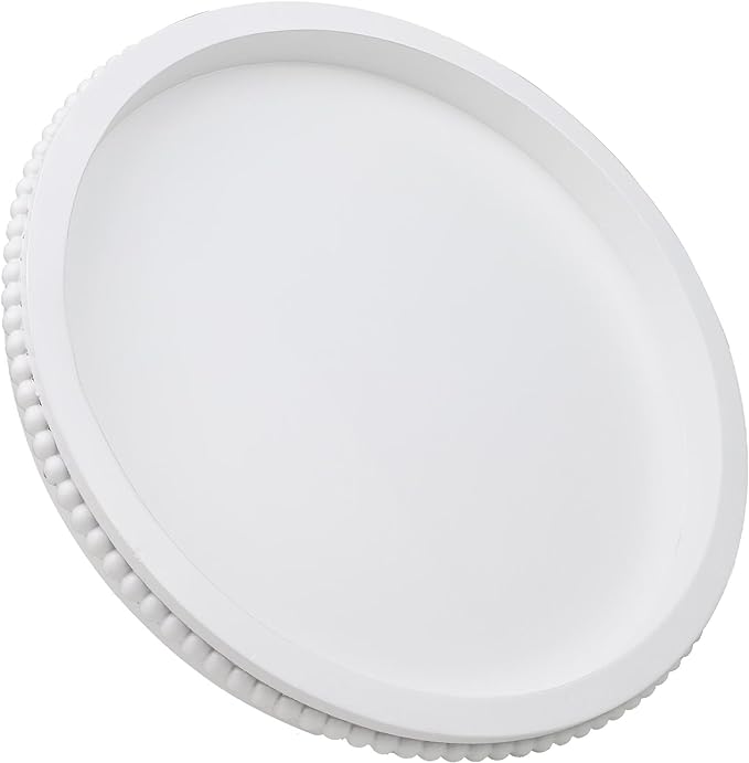 Round Wood Serving Tray with Beaded, 13” Rustic Wooden Decorative Coffee Table Tray for Centerpiece, Ottoman, Farmhouse Circle Trays for Counter, Living Room, Home Decor (White)