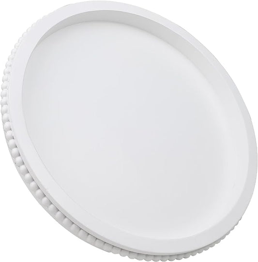 Round Wood Serving Tray with Beaded, 13” Rustic Wooden Decorative Coffee Table Tray for Centerpiece, Ottoman, Farmhouse Circle Trays for Counter, Living Room, Home Decor (White)
