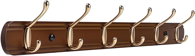 Coat Rack Wall Mount, Bamboo Coat Hanger with 6 Metal Pink Gold Hooks for Hanging Clothes, Towels, Keys, Hats, Bags(Brown)