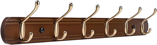 Coat Rack Wall Mount, Bamboo Coat Hanger with 6 Metal Pink Gold Hooks for Hanging Clothes, Towels, Keys, Hats, Bags(Brown)