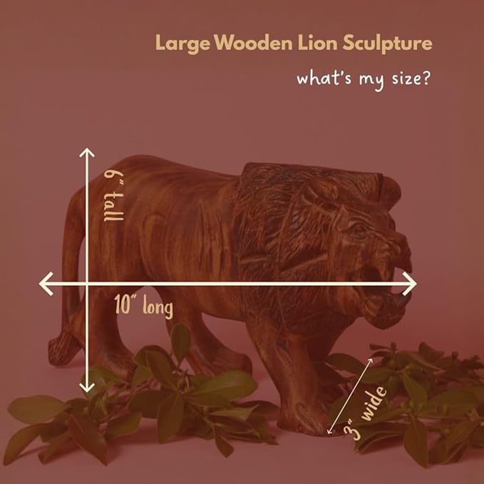 Large Wood Lion Sculpture, Statues, Animal Figurines, Home Decor Accents, Living Room, Office, Desk, Coffee Table, Book Shelf, Hand Carved, African, Brown