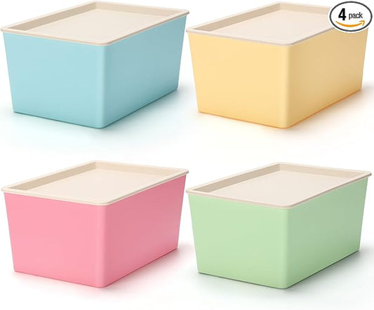 Menkxi 4 Pcs Storage Bins with Lids Plastic Stackable Containers for Organizing Shelves Christmas Ornament Box Baskets(Red, Green, Yellow, Blue,Small)