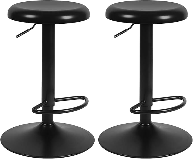Adjustable Bar Stools, Swivel Backless Round Metal Airlift Barstools with Footrest, Counter Height Bar Chairs Set of 2 for Kitchen, Pub, Cafe, Black