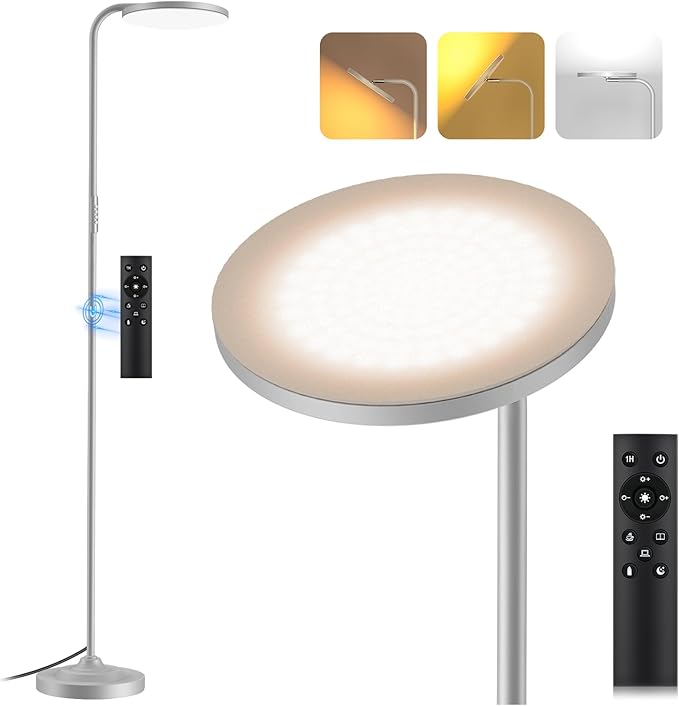 SIBRILLE 36W LED Floor Lamp, Upgrade Super Bright Standing Lamp, Modern Stepless Dimmable Torchiere Tall Lamp with Remote Control, 350°Rotating Head Reading Floor Lamp for Living Room, Bedroom, Office