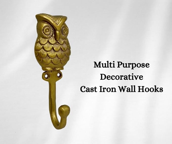 Set of 3 Cast Iron OWL Shape Coat Hooks Wall Art Decor-OWL Shape Hangers and Key Holder-Clothes Rack and Backpack Hanger-Coat Hooks Home Decor for Storage,Living Room (Gold)