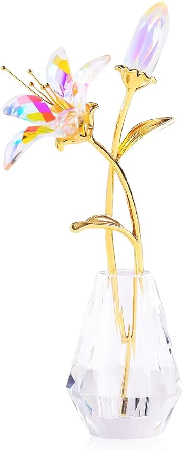 Movdyka Clear Crystal Lily Flower Figurine with Stems - Handmade Collectible Statue for Decoration Mothers Day Centerpiece Valentines Day Bridal Shower Gift