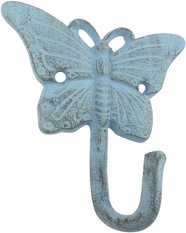 Handcrafted Nautical Decor Rustic Light Blue Cast Iron Butterfly Hook 6"