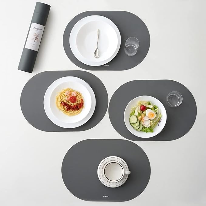 Grey Oval Silicone Placemats Set of 4 – Heat Resistant, Waterproof, Easy to Clean Non-Slip Modern Dining Table Mats – Premium Leather Textured Japandi Kitchen Decor