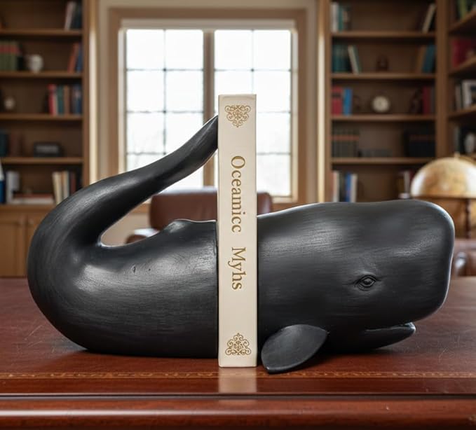 Comfy Hour Nautical Whale Decorative Bookends, Unique Under The Sea Ocean Resin Book Ends for Shelves, Heavy Duty Coastal Book Stopper for Books, Black, 1 Pair